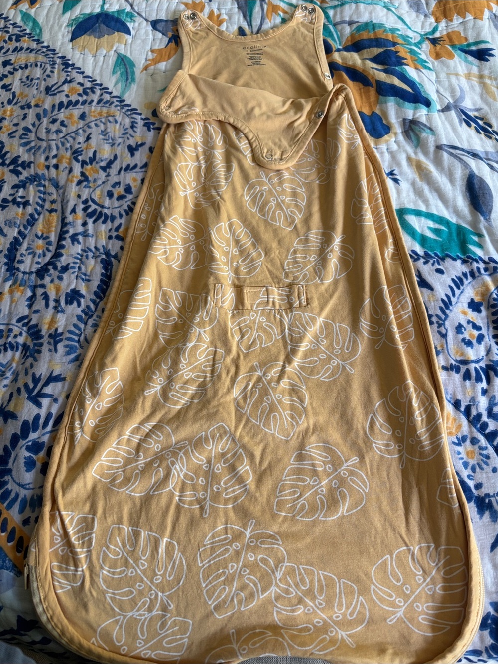 ecolino Mustard Yellow baby sleep sack with White Leaf Print 2-24m